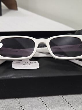 Carolina Lemke White Rectangular Women's Sunglasses with Dark Lenses